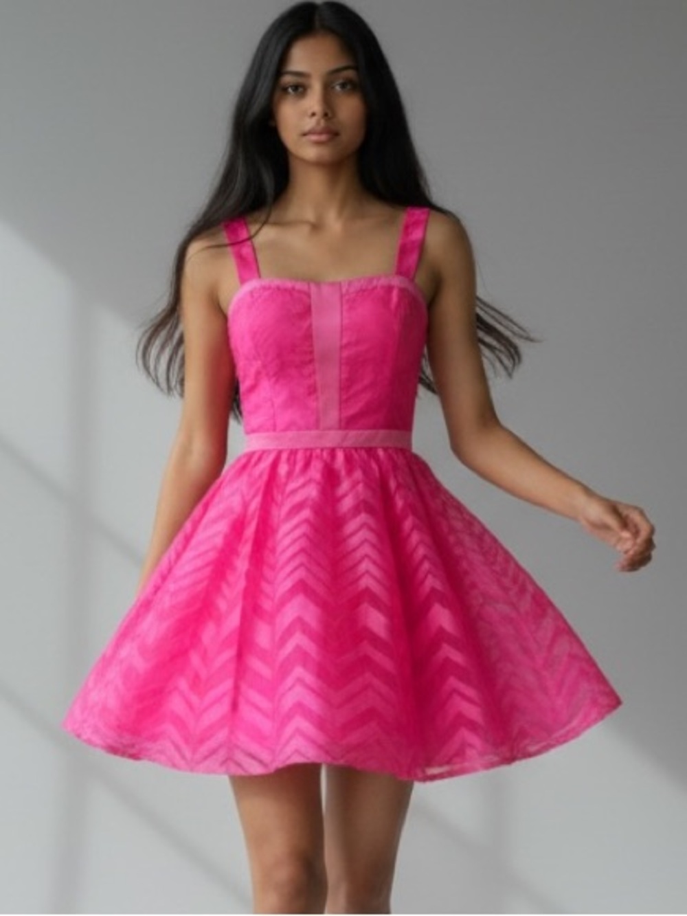 Hailey Logan by Adrianna Papell Pink Chevron Organza Fit/Flare Party Prom Dress